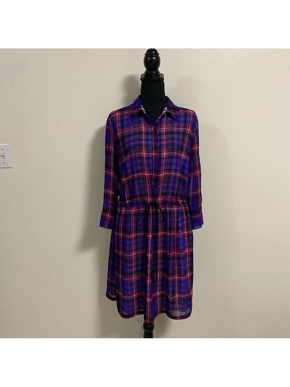 Adrianna Papell Dress Women’s Size Medium Purple Blue Plaid Shirt Dress